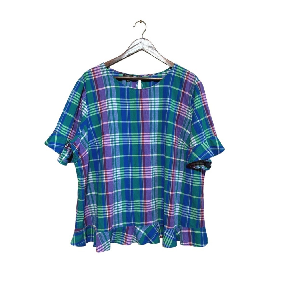 Talbots Woman Size 3X Plaid Stretch Cotton Ruffle‎ Hem Top Feminine Lightweight